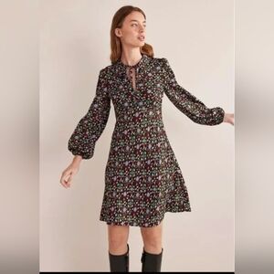 BNWT Boden Tie Neck Floral Shirt Dress in Black Gardenia Swirl Size US 10